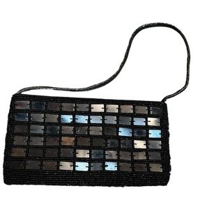 Vintage elegant mother of Pearl squares black evening bag purse beaded handbag